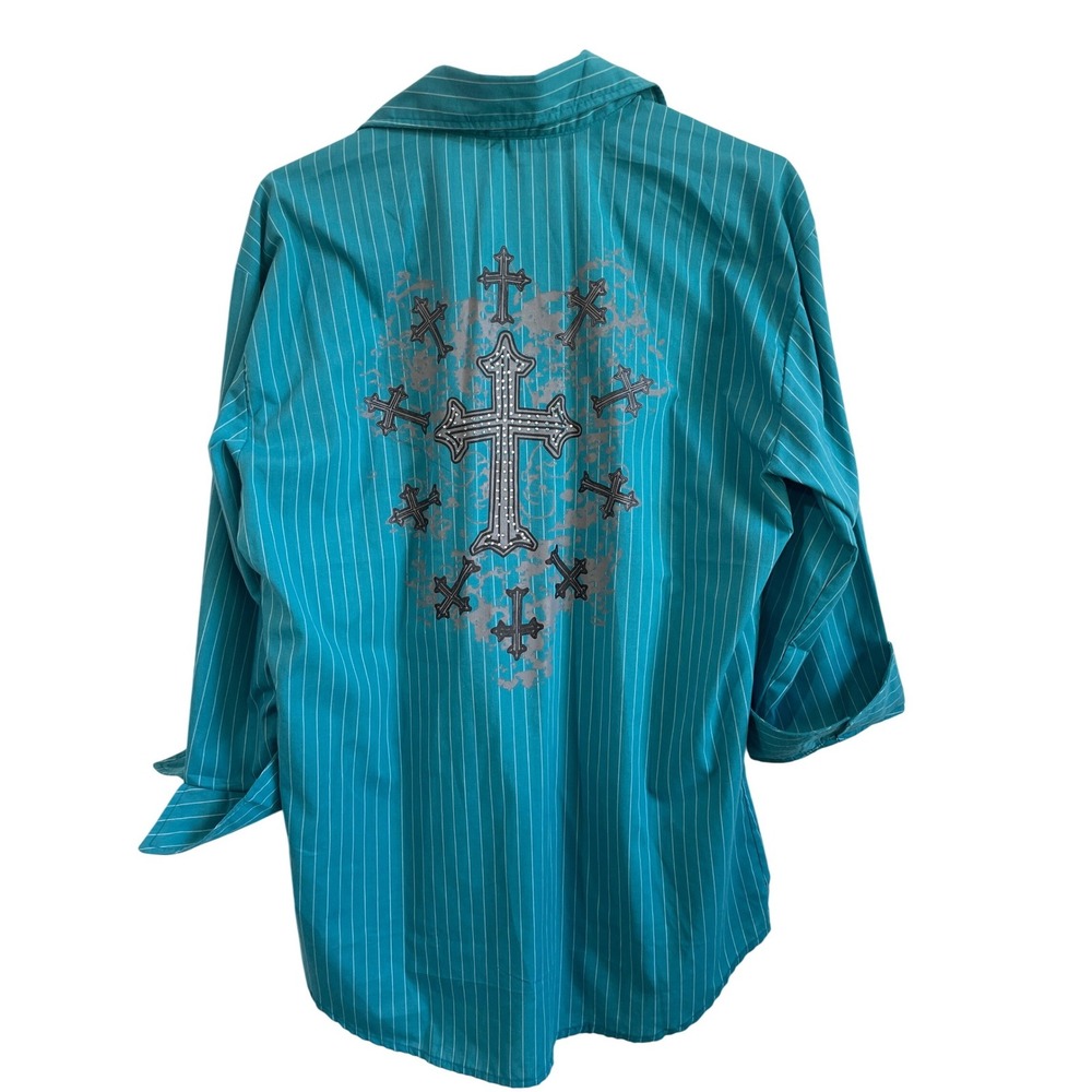 West Advanture Mens Teal Pinstripe Gothic Cross Graphic Button Down Shirt Large